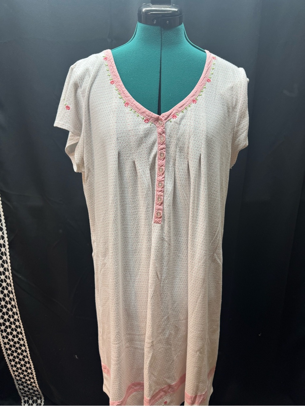 Aria Cream Nightgown with Pink Trim and Embroidered Accents